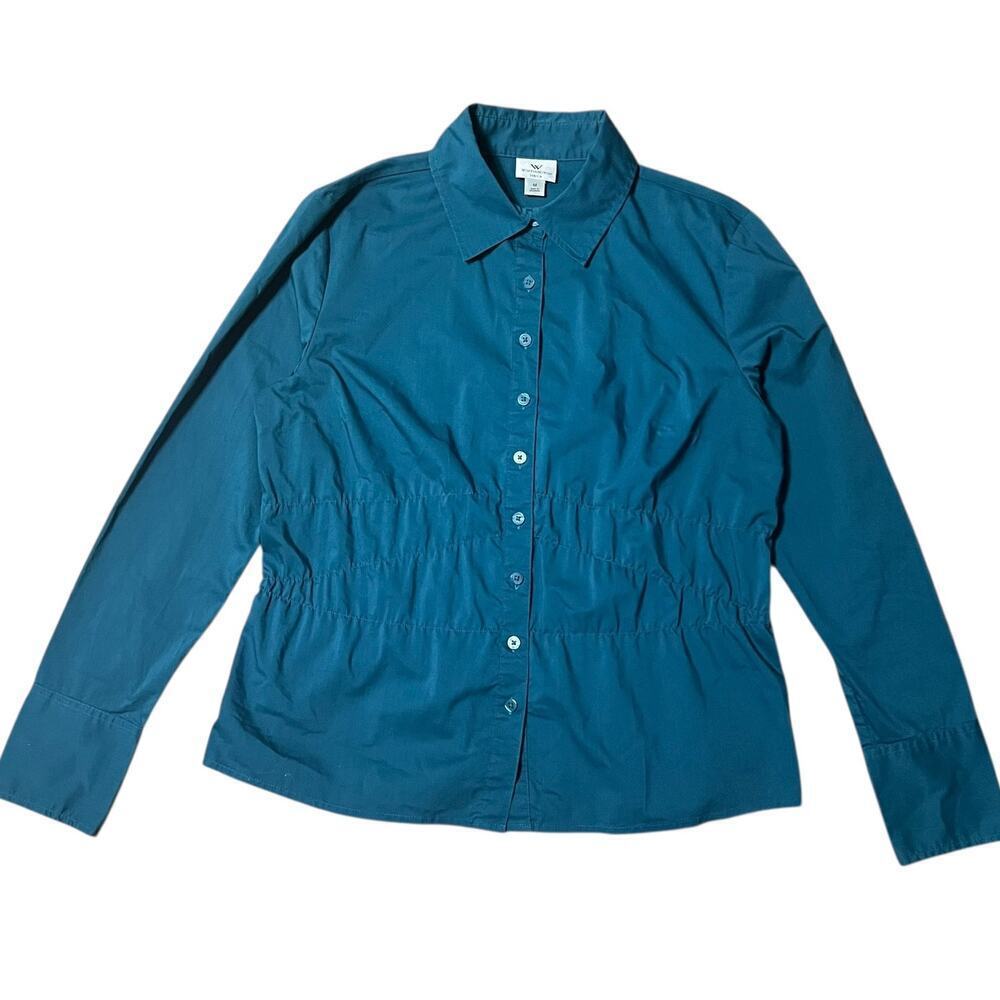 Vintage Worthington Turquoise Shirred Waist Button Up Top Size Medium